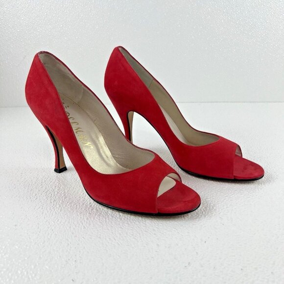 Women's 9N Red Peep Toe Mob Wife Career Chic Preppy Delman Suede Pumps Heels - Picture 1 of 13